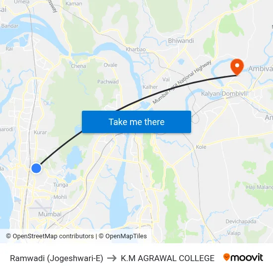 Ramwadi (Jogeshwari-E) to K.M AGRAWAL COLLEGE map