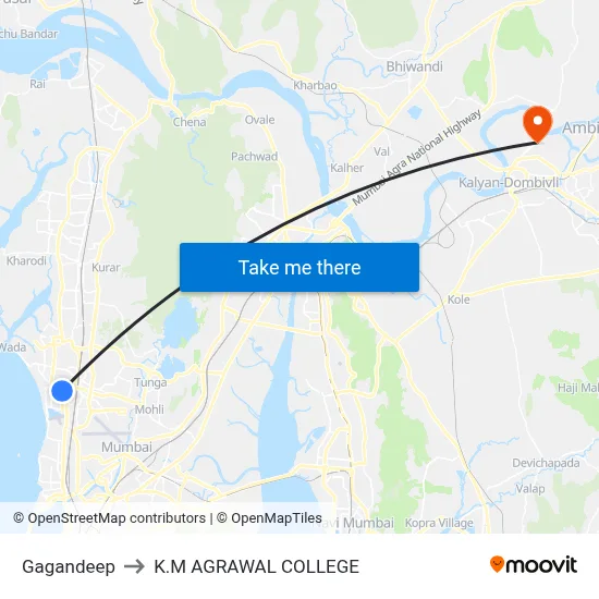 Gagandeep to K.M AGRAWAL COLLEGE map