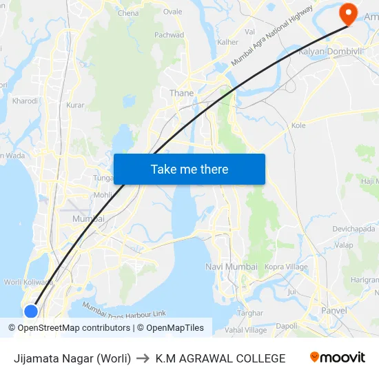 Jijamata Nagar (Worli) to K.M AGRAWAL COLLEGE map