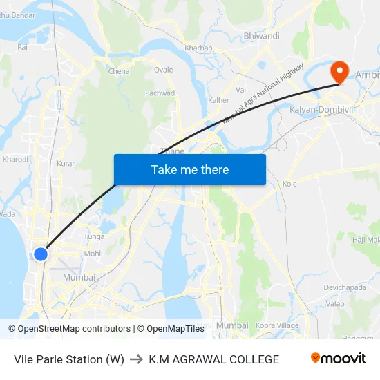 Vile Parle Station (W) to K.M AGRAWAL COLLEGE map