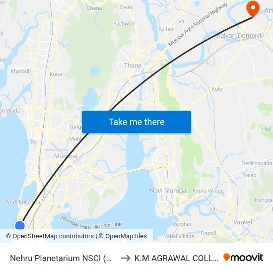 Nehru Planetarium NSCI (Worli) to K.M AGRAWAL COLLEGE map