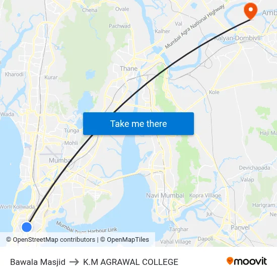 Bawala Masjid to K.M AGRAWAL COLLEGE map