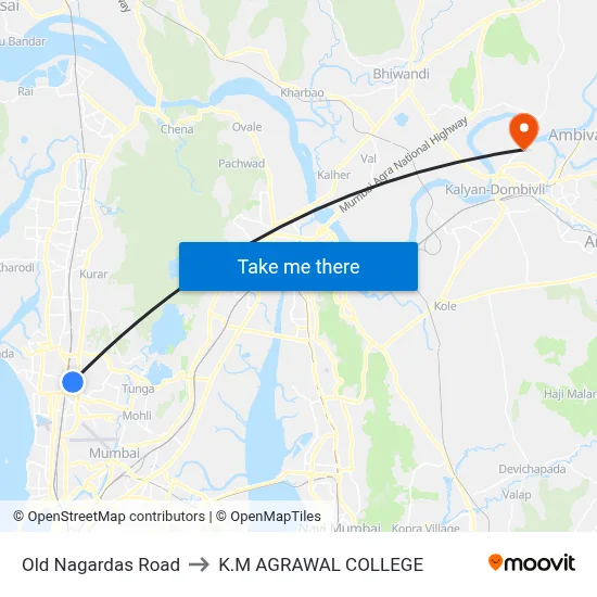Old Nagardas Road to K.M AGRAWAL COLLEGE map
