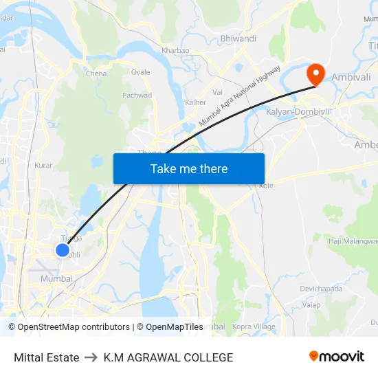 Mittal Estate to K.M AGRAWAL COLLEGE map