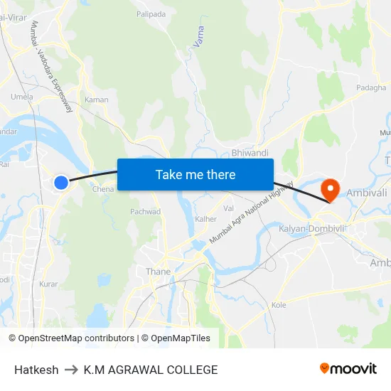 Hatkesh to K.M AGRAWAL COLLEGE map
