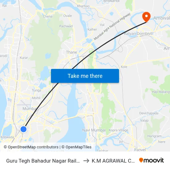 Guru Tegh Bahadur Nagar Railway Station to K.M AGRAWAL COLLEGE map