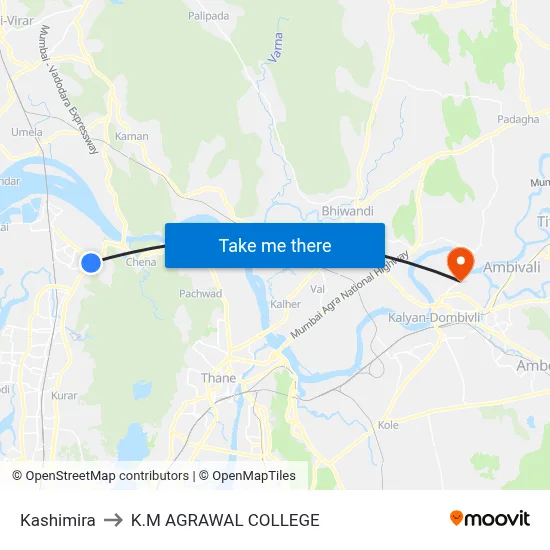 Kashimira to K.M AGRAWAL COLLEGE map