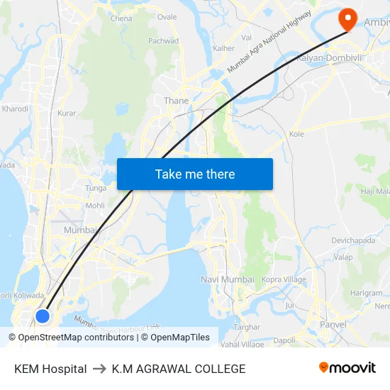 KEM Hospital to K.M AGRAWAL COLLEGE map