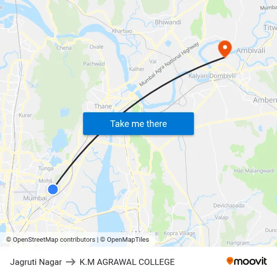 Jagruti Nagar to K.M AGRAWAL COLLEGE map