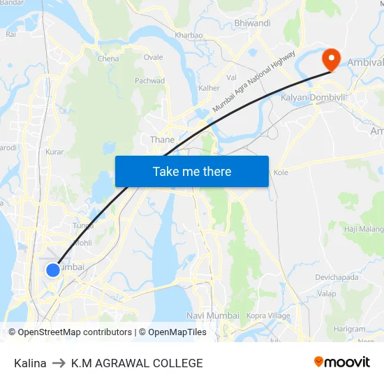Kalina to K.M AGRAWAL COLLEGE map