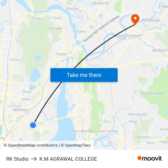 RK Studio to K.M AGRAWAL COLLEGE map
