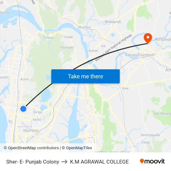 Sher- E- Punjab Colony to K.M AGRAWAL COLLEGE map