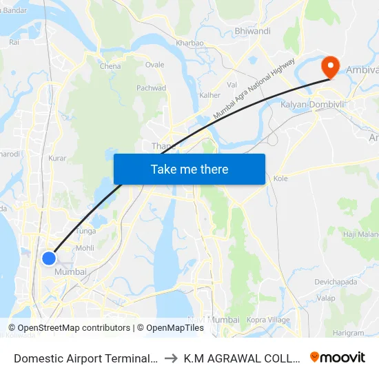 Domestic Airport Terminal 1-A to K.M AGRAWAL COLLEGE map