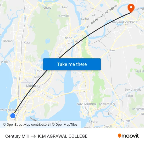 Century Mill to K.M AGRAWAL COLLEGE map