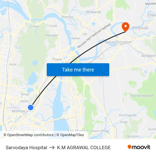 Sarvodaya Hospital to K.M AGRAWAL COLLEGE map