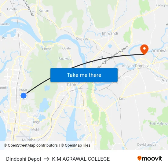 Dindoshi Depot to K.M AGRAWAL COLLEGE map