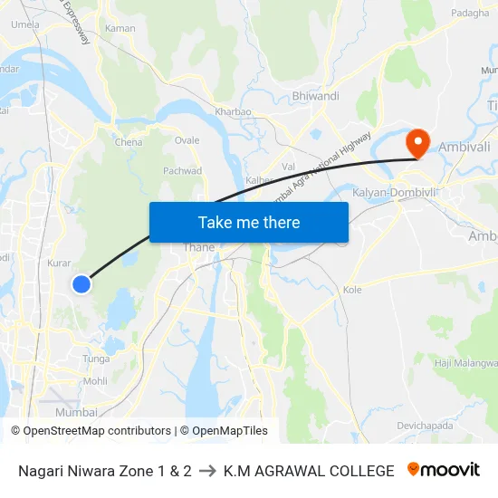 Nagari Niwara Zone 1 & 2 to K.M AGRAWAL COLLEGE map