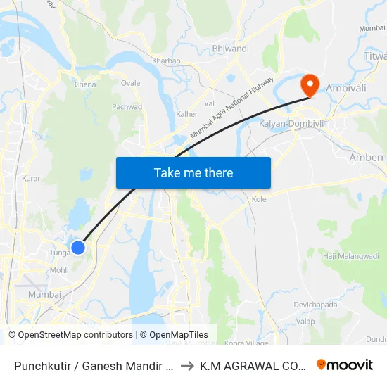 Punchkutir / Ganesh Mandir (Powai) to K.M AGRAWAL COLLEGE map