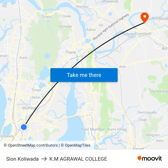 Sion Koliwada to K.M AGRAWAL COLLEGE map