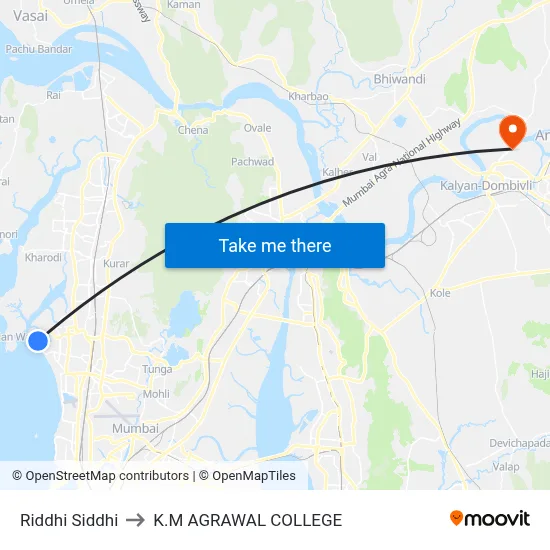 Riddhi Siddhi to K.M AGRAWAL COLLEGE map