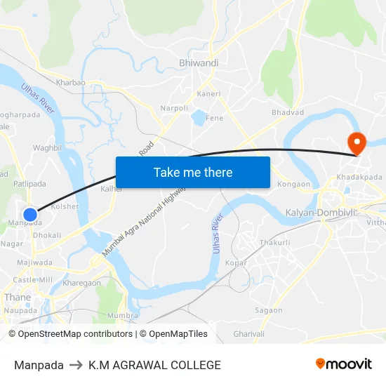 Manpada to K.M AGRAWAL COLLEGE map