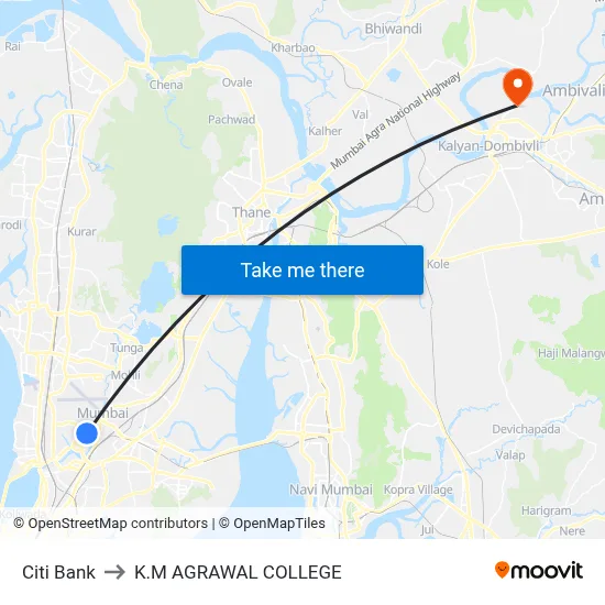Citi Bank to K.M AGRAWAL COLLEGE map