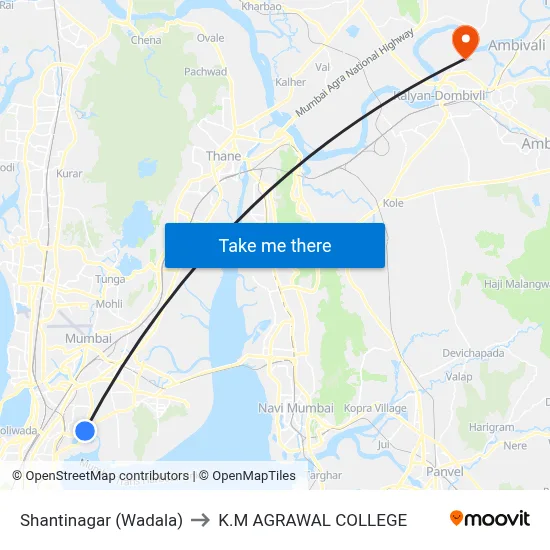Shantinagar (Wadala) to K.M AGRAWAL COLLEGE map