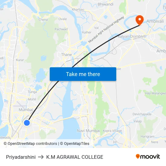 Priyadarshini to K.M AGRAWAL COLLEGE map