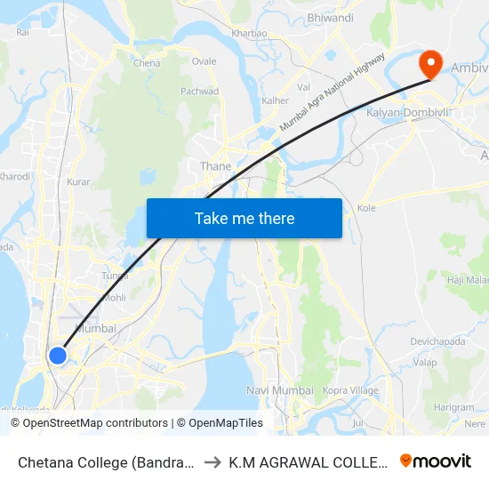 Chetana College (Bandra E) to K.M AGRAWAL COLLEGE map