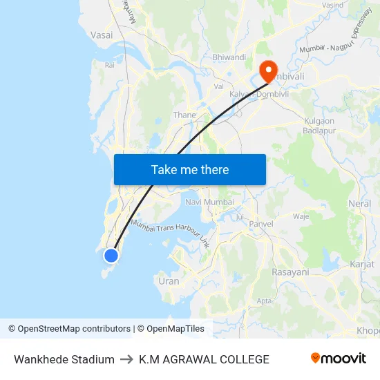 Wankhede Stadium to K.M AGRAWAL COLLEGE map