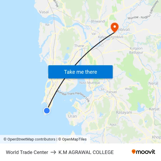 World Trade Center to K.M AGRAWAL COLLEGE map