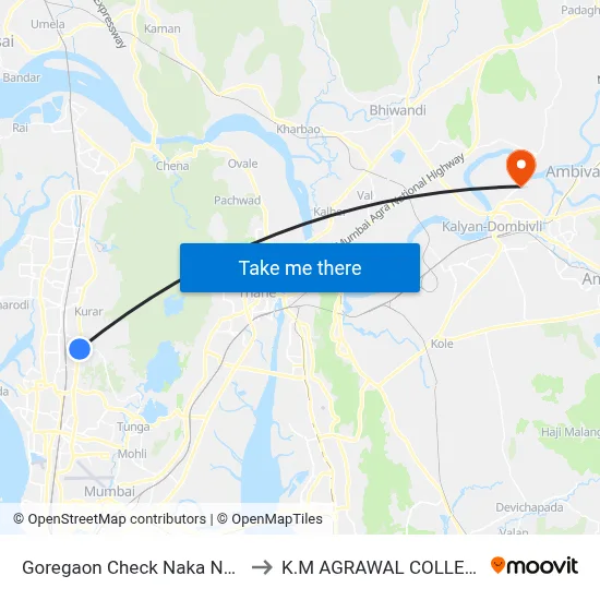 Goregaon Check Naka No.1 to K.M AGRAWAL COLLEGE map