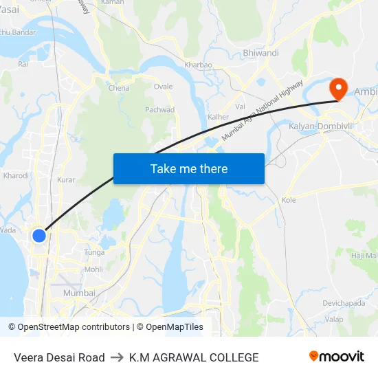 Veera Desai Road to K.M AGRAWAL COLLEGE map