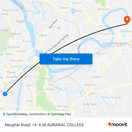 Navghar Road to K.M AGRAWAL COLLEGE map