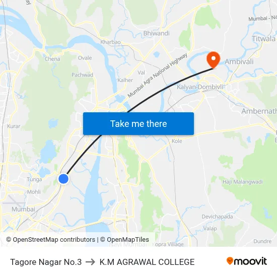 Tagore Nagar No.3 to K.M AGRAWAL COLLEGE map