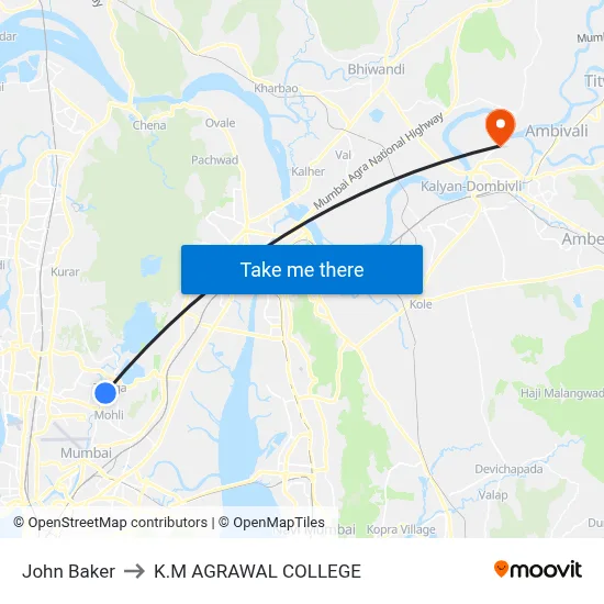 John Baker to K.M AGRAWAL COLLEGE map