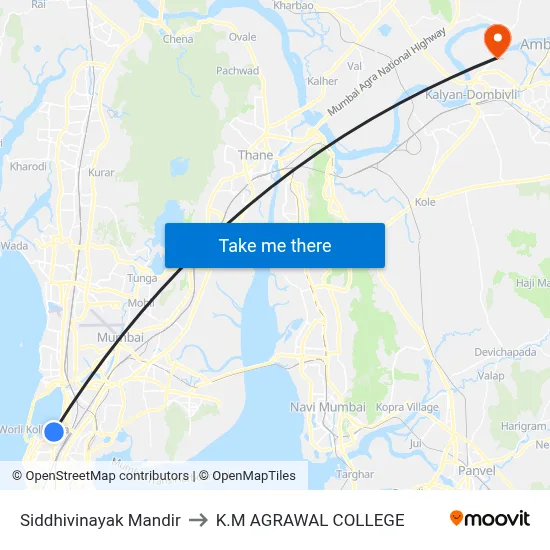 Siddhivinayak Mandir to K.M AGRAWAL COLLEGE map