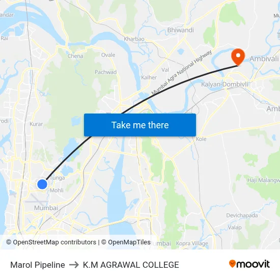 Marol Pipeline to K.M AGRAWAL COLLEGE map