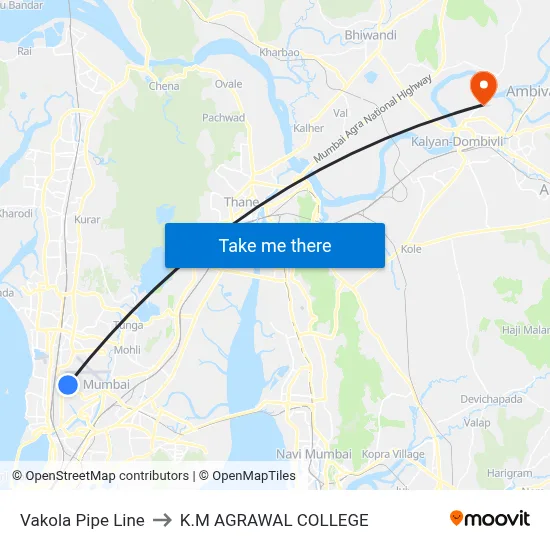 Vakola Pipe Line to K.M AGRAWAL COLLEGE map