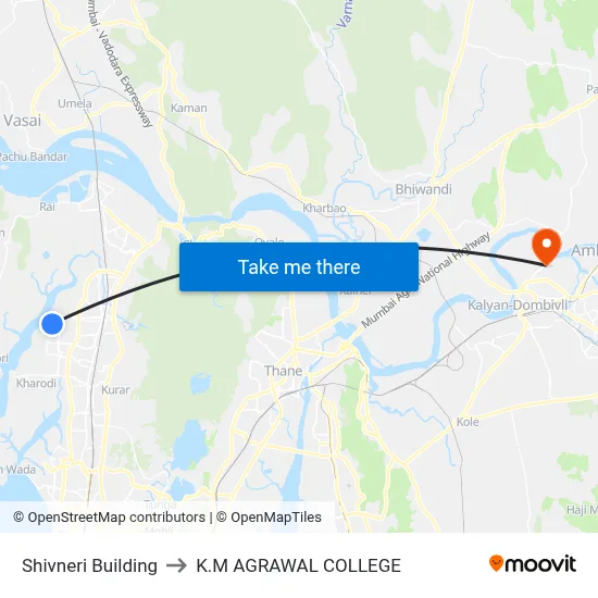 Shivneri Building to K.M AGRAWAL COLLEGE map