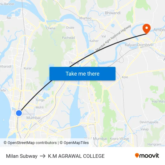 Milan Subway to K.M AGRAWAL COLLEGE map