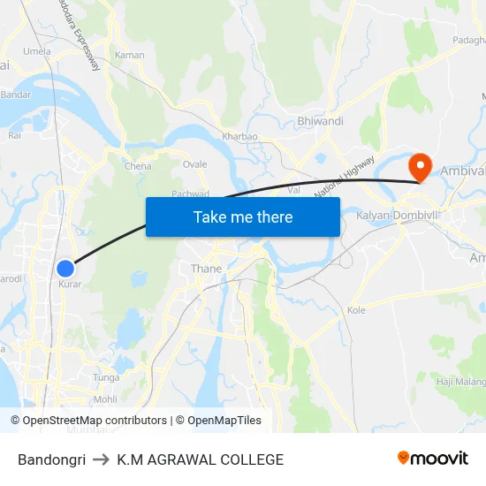 Bandongri to K.M AGRAWAL COLLEGE map