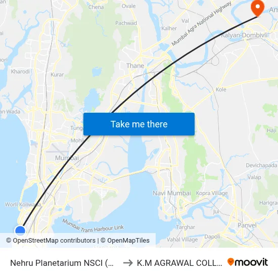 Nehru Planetarium NSCI (Worli) to K.M AGRAWAL COLLEGE map