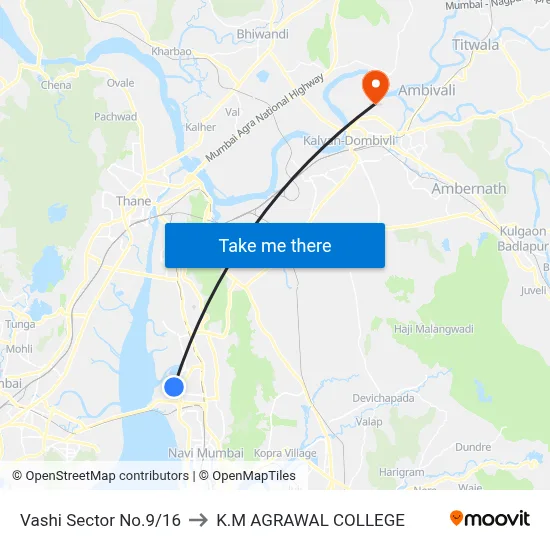 Vashi Sector No.9/16 to K.M AGRAWAL COLLEGE map