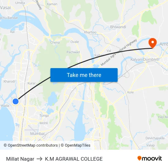 Millat Nagar to K.M AGRAWAL COLLEGE map