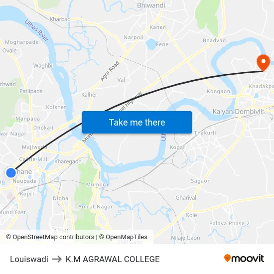 Louiswadi to K.M AGRAWAL COLLEGE map