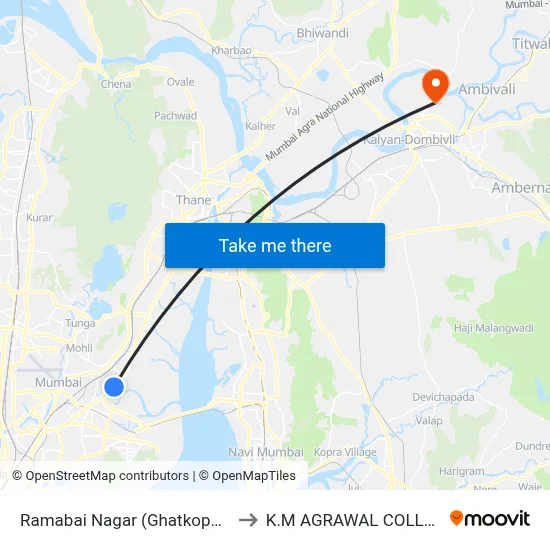 Ramabai Nagar (Ghatkopar-E) to K.M AGRAWAL COLLEGE map
