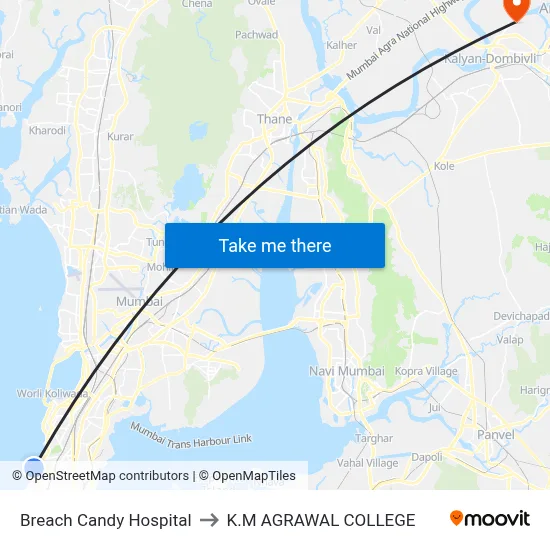 Breach Candy Hospital to K.M AGRAWAL COLLEGE map