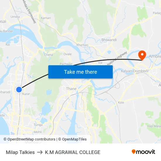 Milap Talkies to K.M AGRAWAL COLLEGE map