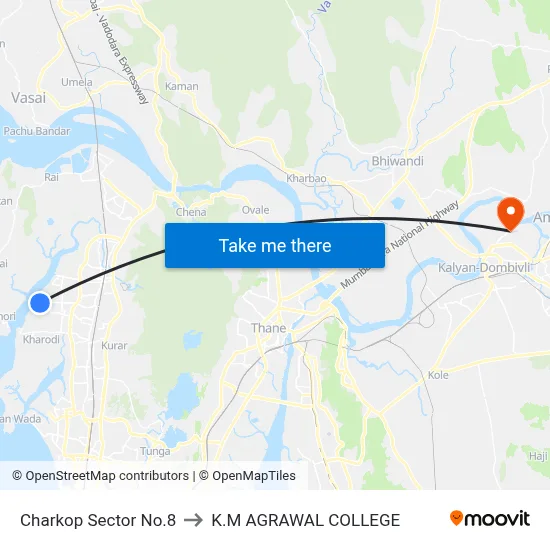 Charkop Sector No.8 to K.M AGRAWAL COLLEGE map